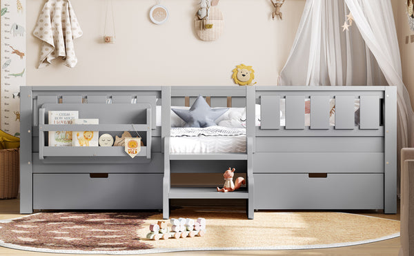 English Elm Twin Kids Storage Bed with Bookshelf Headboard Safety Staircase and Under Drawers Gray W1580P379185