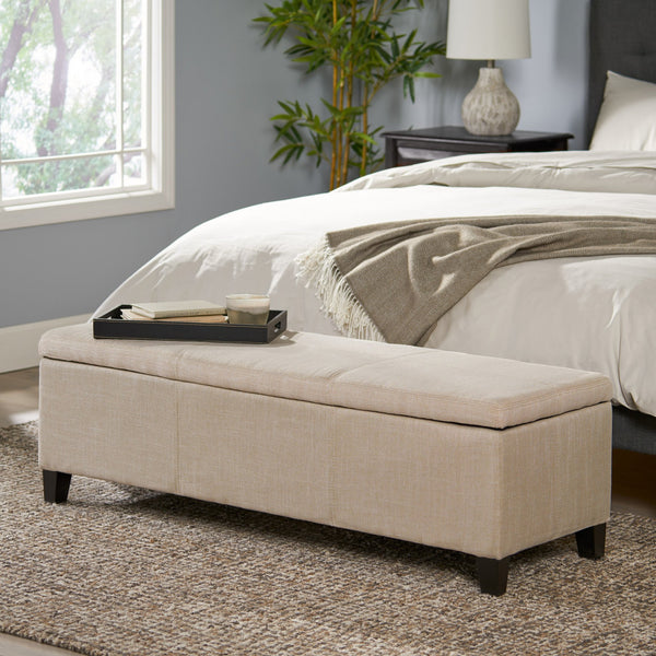 English Elm Upholstered Storage Ottoman with Solid Wood Legs Wide Hinged Bench for Living Rooms N757P414088B