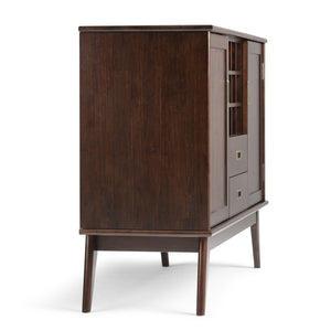 English Elm Draper Mid Century Sideboard Buffet with 12-Bottle Wine Rack, Solid Rubberwood, Medium Auburn Brown Finish, Tapered Legs and Brass Pulls B136P158156