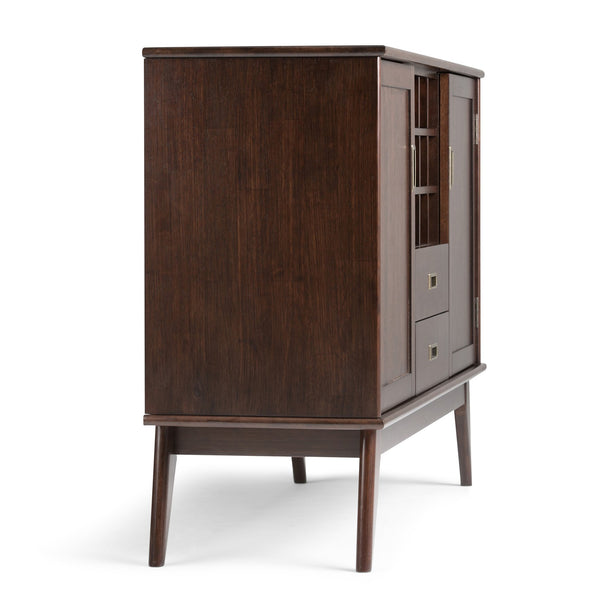 English Elm Draper Mid Century Sideboard Buffet with 12-Bottle Wine Rack, Solid Rubberwood, Medium Auburn Brown Finish, Tapered Legs and Brass Pulls B136P158156