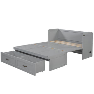 English Elm Full Size Murphy Wall Bed with Storage Drawer Usb Ports and Metal Handles for Small Spaces LP000669AAE