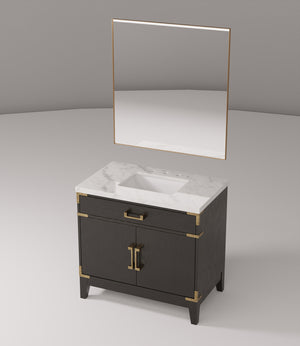 English Elm Black Oak Single Bath Vanity With Carrara Marble Top And 34-Inch Mirror – Elegant Storage Solution! B2731S02125