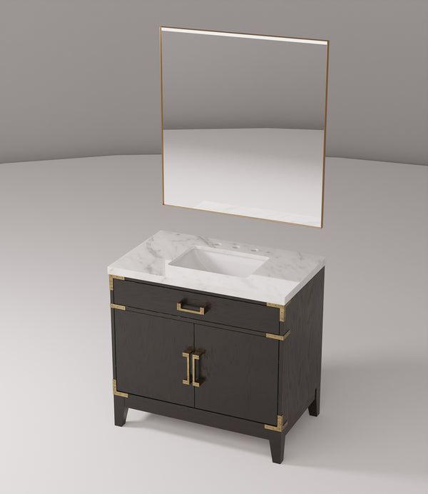 English Elm Black Oak Single Bath Vanity With Carrara Marble Top And 34-Inch Mirror – Elegant Storage Solution! B2731S02125