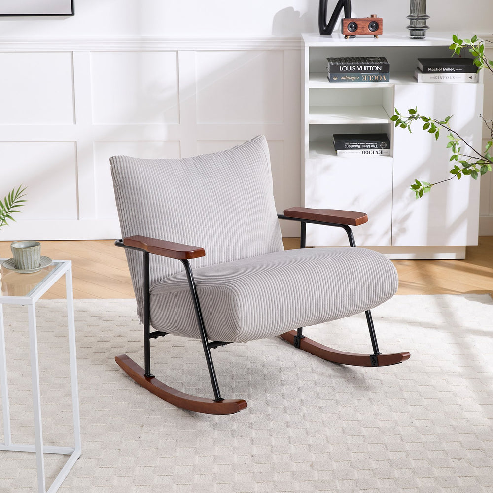 English Elm Modern Accent Chair Mid-Century Rocking Armchair Gray Fabric with Walnut Arms, Metal Frame, 300lb Capacity W1403P241856