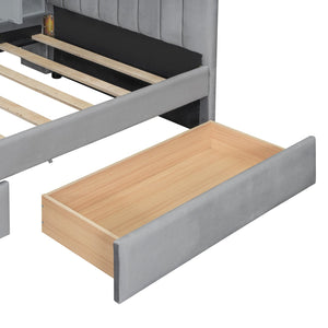 English Elm Twin Upholstered Daybed with Velvet Finish, High Back Shelves, Flip Cabinets, Drawers & Side Table Gray SF000196AAE