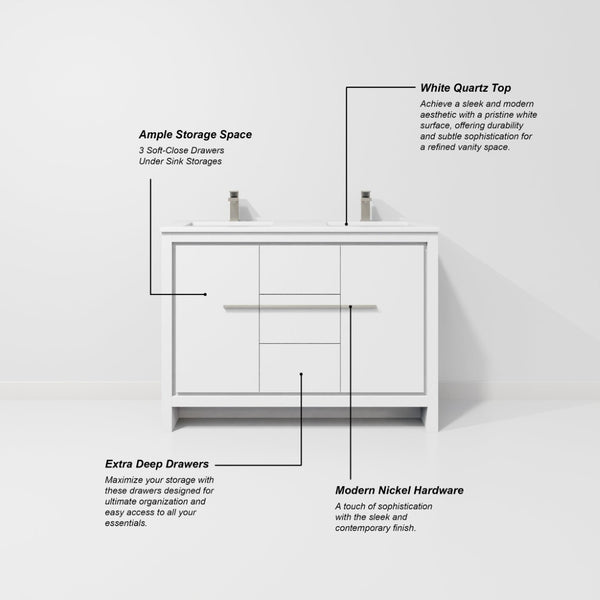 English Elm White Double Bath Vanity With Quartz Top – Elegant 48" W X 20" D, Soft-Close Drawers & Cabinets B2731P259418-GIGA
