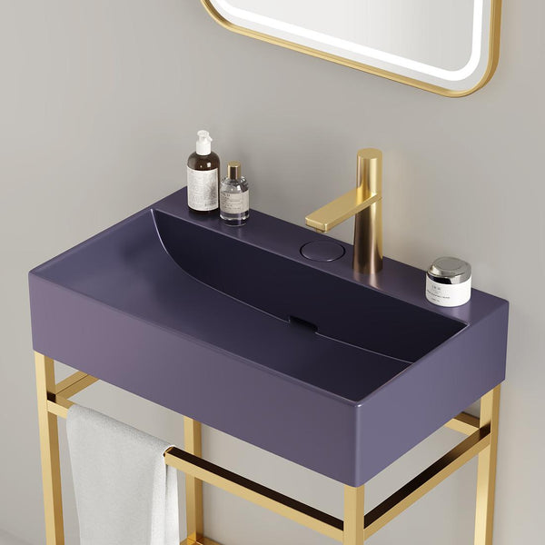 English Elm LOFI Ceramic Integrated Bathroom Vanity 24" with Rectangular Basin, Open Metal Shelf, Easy Clean Gold,Purple W2615S00081