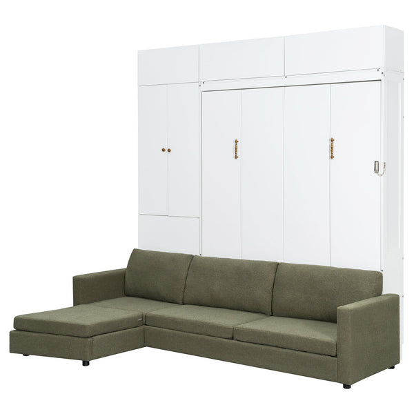English Elm Queen Murphy Bed with L-shaped Velvet Sofa Storage Cabinets for Studio Living White LP000765AAG-1