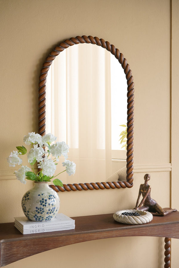 English Elm 24x35.8" Arched Pine Wood Wall Mirror Textured Frame Warm Brown Farmhouse Decor W2078P445372