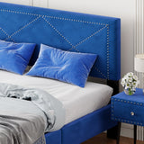 English Elm Simple Queen Size Upholstered Bed Frame With Rivet Design, Modern Velvet Platform Bed With Headboard, Blue