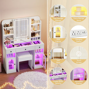 English Elm 43.2" Bedroom Dressing Table with Rgb Lit Glass Cabinets Led Mirror and Charging Station White N704P407114K