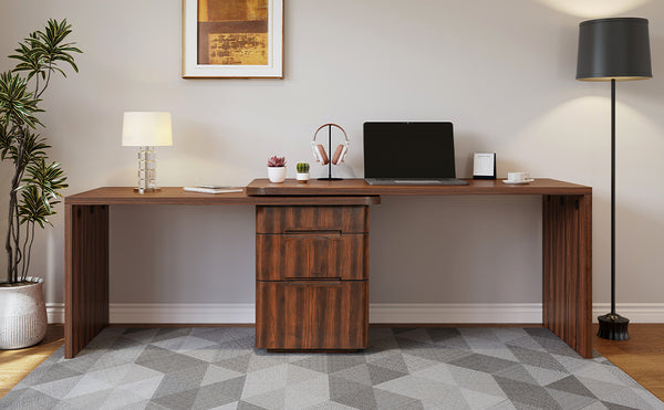 English Elm 90" Rotating L-shape Executive Desk Natural Melamine Mdf Surface Three Drawers Home Office Walnut N751S383638W