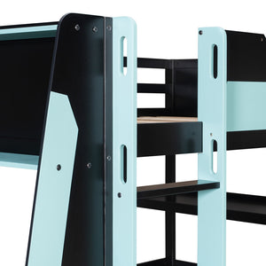 English Elm Full Size Gaming Loft Bed with Led Lighting Desk Shelves and Usb Charging Ports Black+Blue N820S00076C