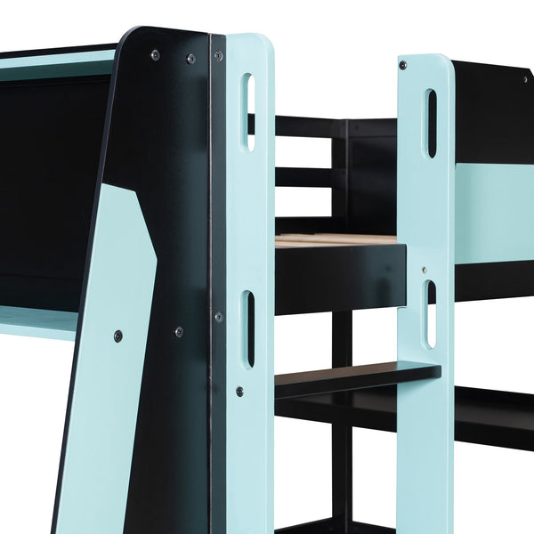 English Elm Full Size Gaming Loft Bed with Led Lighting Desk Shelves and Usb Charging Ports Black+Blue N820S00076C