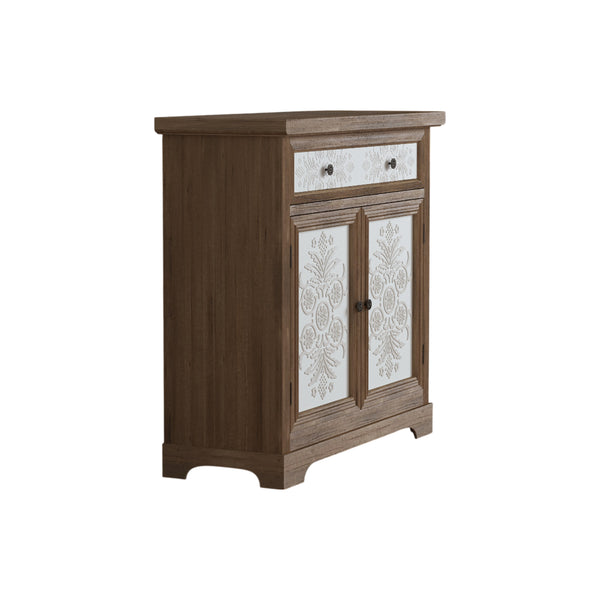 English Elm Rustic Boho Carved Accent Cabinet with Drawer & Removable Shelves, Distressed Sideboard Storage for Entryway W808P245579