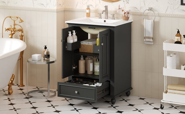 English Elm 24'' French Style Bathroom Vanity with Ceramic Sink Soft Close Cabinet and Drawer Black N710P411227B