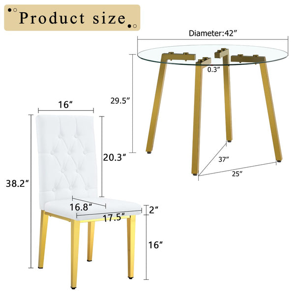 English Elm Table Modern 5-Piece Set: Round Clear Tempered Glass Table With Gold Legs & 4 White Pu Chairs W1151S03833-GIGA