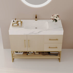 English Elm 36" Freestanding Bathroom Vanity Sintered Stone Top Gold Hardware Wood Cabinet W3136S00055