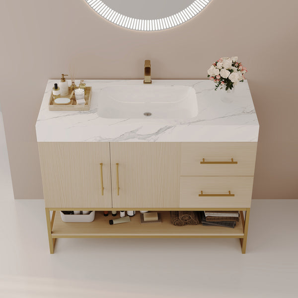 English Elm 36" Freestanding Bathroom Vanity Sintered Stone Top Gold Hardware Wood Cabinet W3136S00055