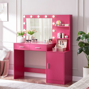 English Elm Vanity Desk with Lighted Mirror Adjustable Brightness and 2 Drawer Mdf Bedroom Table W2386P475280