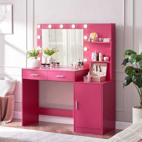 English Elm Vanity Desk with Lighted Mirror Adjustable Brightness and 2 Drawer Mdf Bedroom Table W2386P475280