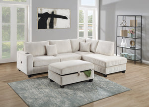 English Elm Ivory Corduroy 3pc Sectional Sofa Set with USB Port, RAF Chaise, Storage Ottoman & 2 Pillows B011S01240
