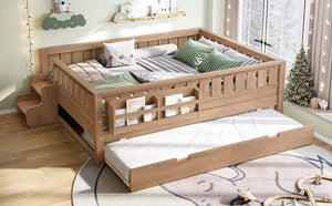English Elm Twin Kids Platform Bed with Trundle Staircase Bookshelf and Rounded Safety Rails Natural W1580S00561