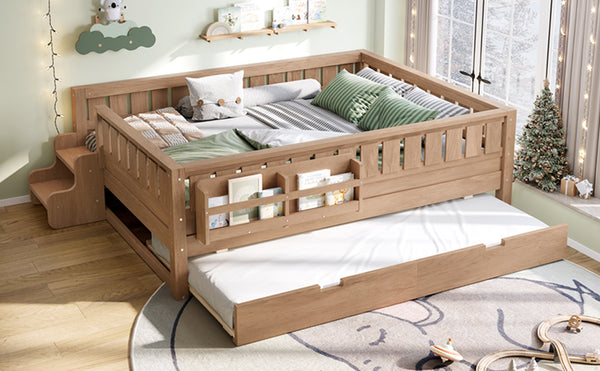 English Elm Twin Kids Platform Bed with Trundle Staircase Bookshelf and Rounded Safety Rails Natural W1580S00561