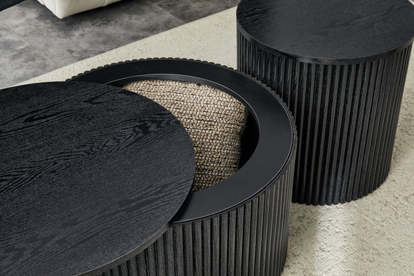 English Elm 2-piece Nesting Round Tables Roman Column Base with Storage Black Wood Grain Living Room W3875P396796