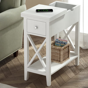 English Elm 2-Drawer Flip Top End Table with Drawer and Shelf, Narrow Accent Nightstand for Small Spaces White T3771P356665