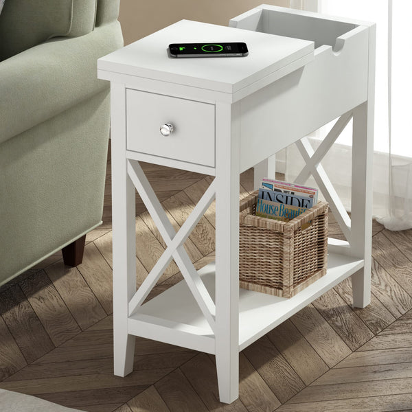 English Elm 2-Drawer Flip Top End Table with Drawer and Shelf, Narrow Accent Nightstand for Small Spaces White T3771P356665