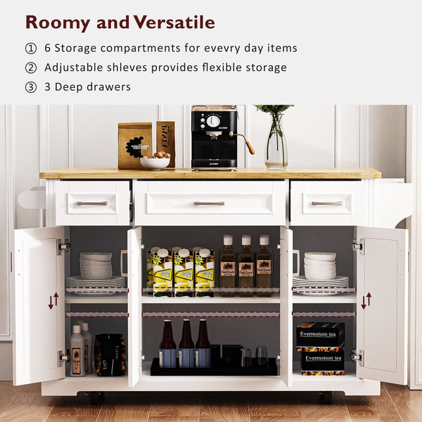 English Elm K&k Farmhouse Rolling Kitchen Island Rubberwood Drop Leaf 3 Drawers 4 Cabinet Doors White N707S195395W