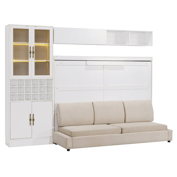 English Elm Full Size Murphy Wall Bed with Linen Sofa Integrated Shelving Usb Charging and Lighting LP000763AAK