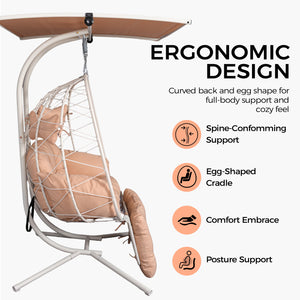 English Elm 2-person Outdoor Wicker Egg Chair Hanging Swing with Canopy Stand and Cushions Beige+White T5880P502253