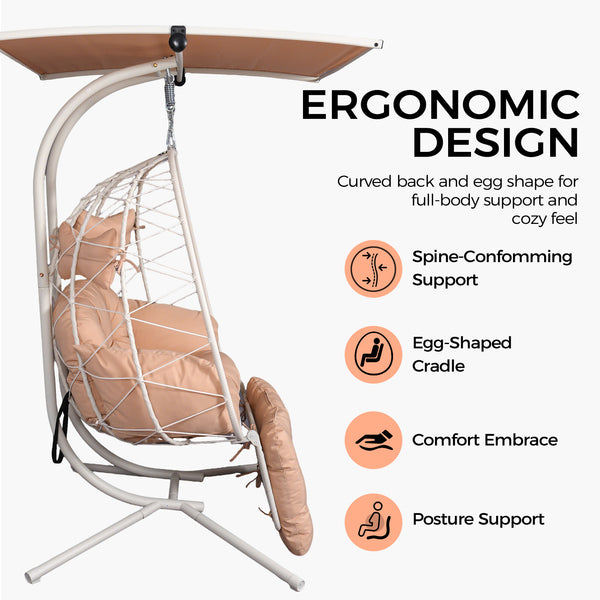 English Elm 2-person Outdoor Wicker Egg Chair Hanging Swing with Canopy Stand and Cushions Beige+White T5880P502253