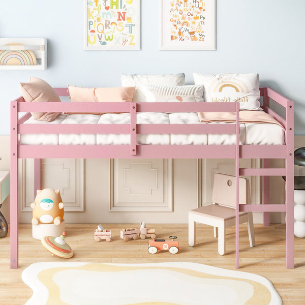 English Elm Solid Twin Loft Bed with Ladder and Reinforced Slats for Storage-Friendly, Space-Saving Bedrooms Pink W504P190960