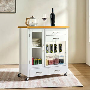 English Elm Kitchen Island Cart Ameican White Oak Top with Glass Door, Drawers, Towel Bar & Locking Wheels, Modern W3417P329701