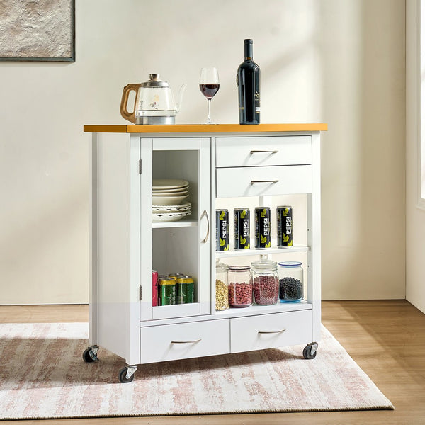 English Elm Kitchen Island Cart Ameican White Oak Top with Glass Door, Drawers, Towel Bar & Locking Wheels, Modern W3417P329701