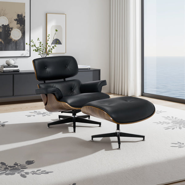 English Elm Top Grain Leather Mid Century Chaise Lounge Chair with Walnut Base and Ottoman W2318S00002