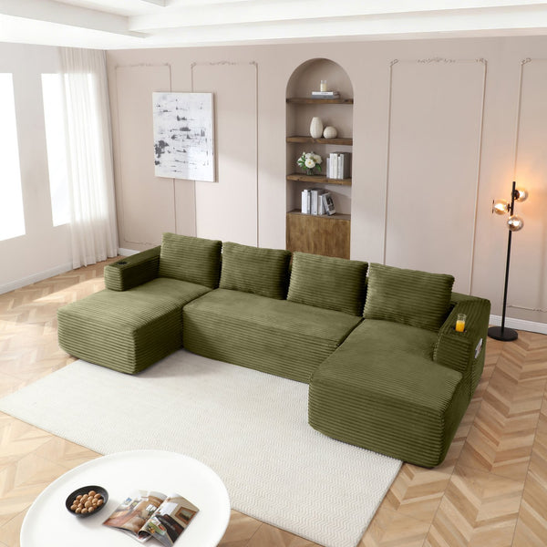 English Elm 132" Modular U-shaped Corduroy Sectional with Deep Seat Cupholders and Side Pocket W1117S00344