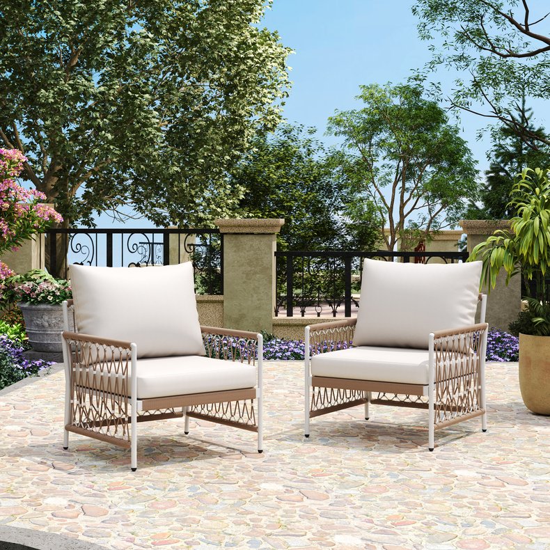 English Elm Christopher Knight Home® - [Set Of 2] Bohemian Outdoor Lounge Chairs - Handwoven Rope, Waterproof Cushions, And Steel Frame N767P306732B