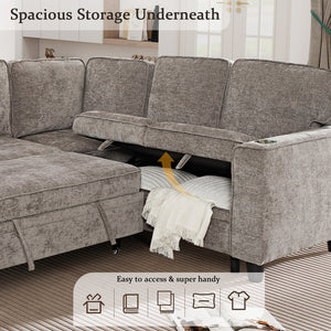 English Elm L-Shaped Sofa with Pull-Out Bed and Storage, 5-Seat Sectional with USB, Cup Holders, Cozy Chenille Light Brown W1998S00062