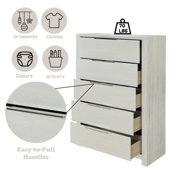 English Elm Jehoram Five Drawer Chest Neutral Beige Rubberwood Build for Bedroom Storage B2756P506264
