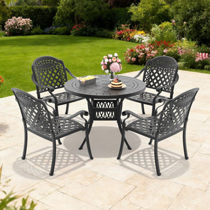 English Elm 5-piece Cast Aluminum Outdoor Dining Set with Ornate Carved Frame and Stackable Chairs W1710S00631