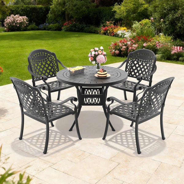 English Elm 5-piece Cast Aluminum Outdoor Dining Set with Ornate Carved Frame and Stackable Chairs W1710S00631