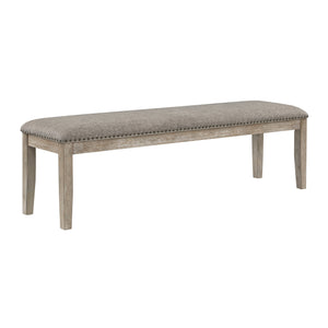English Elm Traditional Linen Upholstered Dining Bench Oak Veneer Legs Nailhead Trim Neutral Gray B011P439069