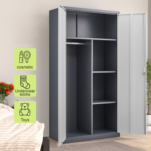 English Elm Black Steel Lockable Wardrobe with Hanging Rod Adjustable Shelves for Organized Storage Grey W1247P372609