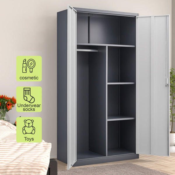 English Elm Black Steel Lockable Wardrobe with Hanging Rod Adjustable Shelves for Organized Storage Grey W1247P372609