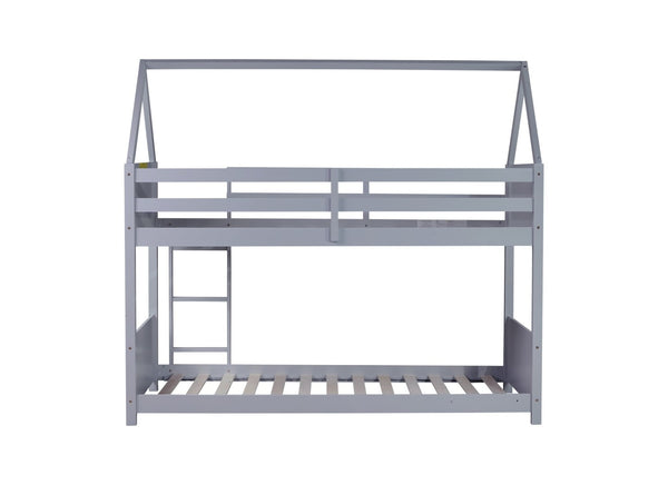 English Elm Twin House Floor Bunk Bed With Guardrails, Ladder & Headboards - Stylish Light Grey Rubber Wood Design W504P227969-GIGA