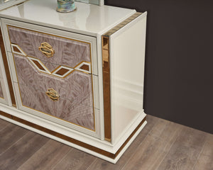 English Elm Omari Modern 4-Piece Queen Bedroom Set With Hydraulic Storage Bed & Gold Accents In Elegant Beige B009S01395
